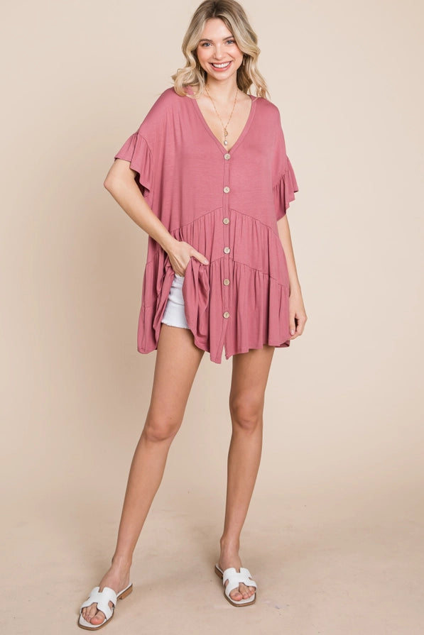 Ruffled Button Up Babydoll Top