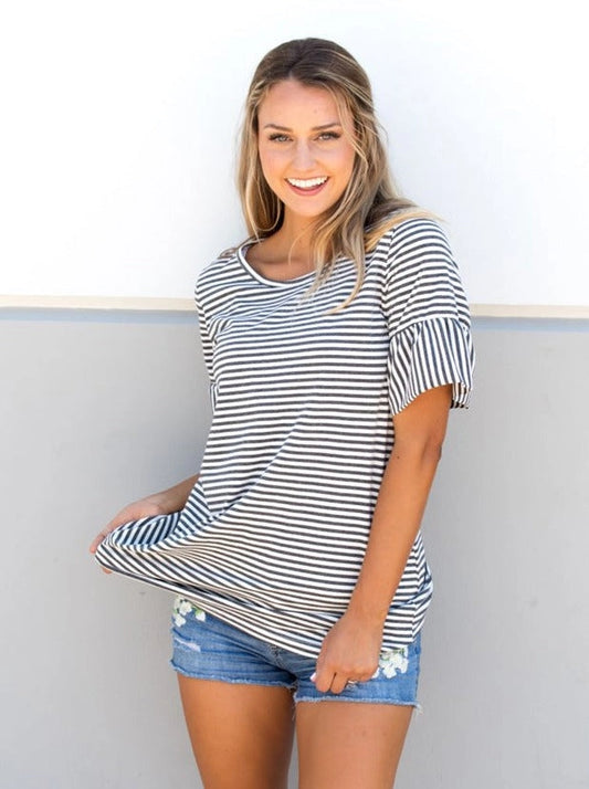 Striped Flare Sleeve Tunic Gray