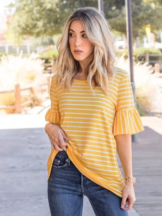 Striped Flare Sleeve Tunic Yellow