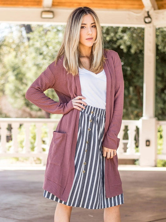 Waffle Knit Pocket Scarlet Cardigan Mauve