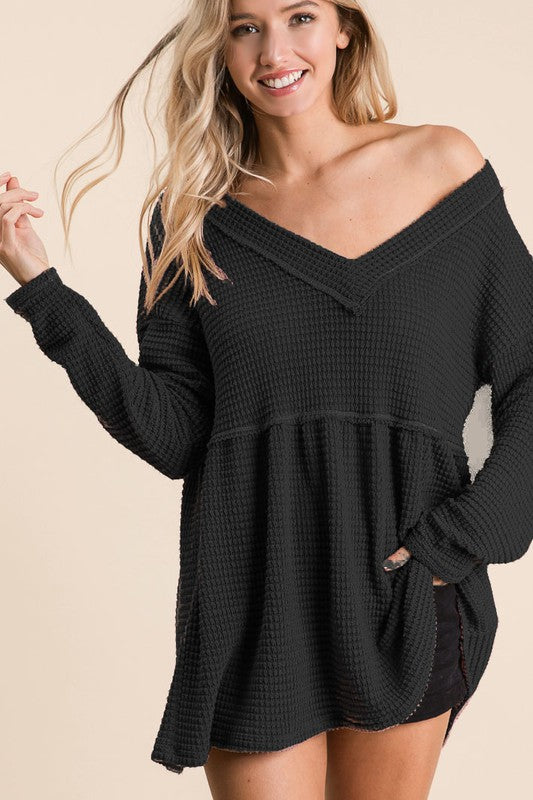 Bibi Waffle Knit Ruffle Top