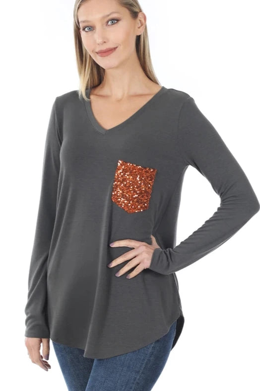 Long Sleeve Sequin Pocket Top