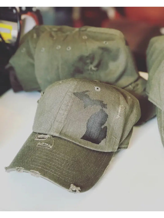 Distressed MI Hat - Olive