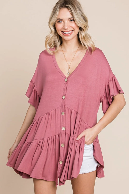 Ruffled Button Up Babydoll Top