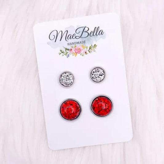 Red Glitter & Silver Earring Duo